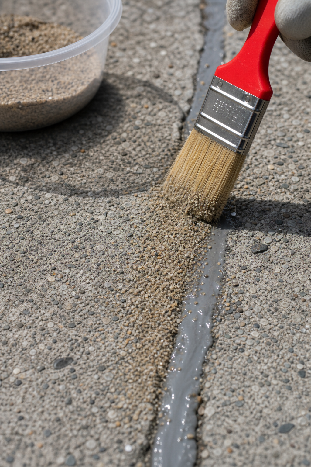 A realistic close‑up of sand being brushed onto fresh polyurethane sealant in a driveway crack, showing the texture blen
