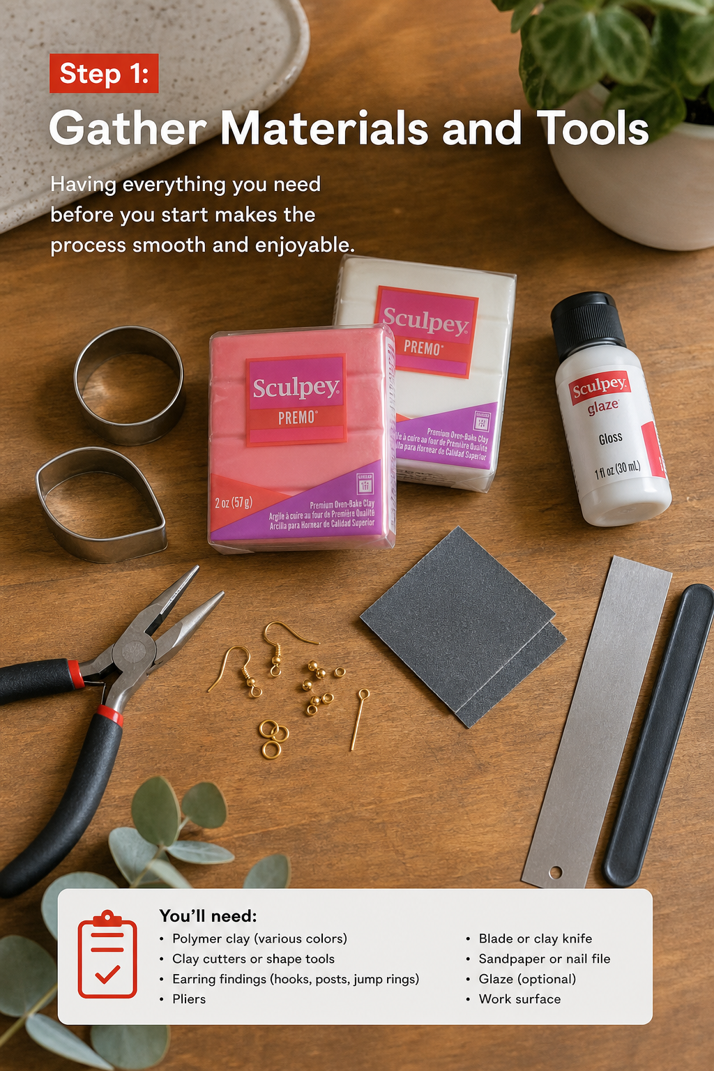 how to make polymer clay earrings at home step 1: gather materials and tools
