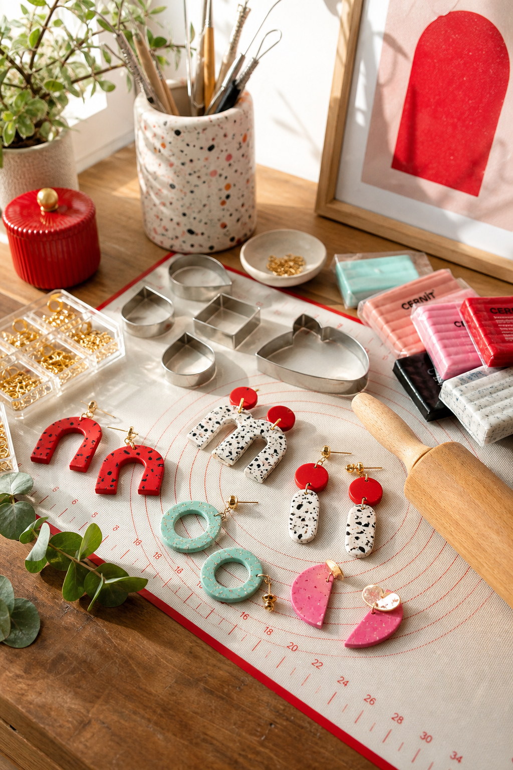 polymer clay jewelry workspace with tools and materials.
