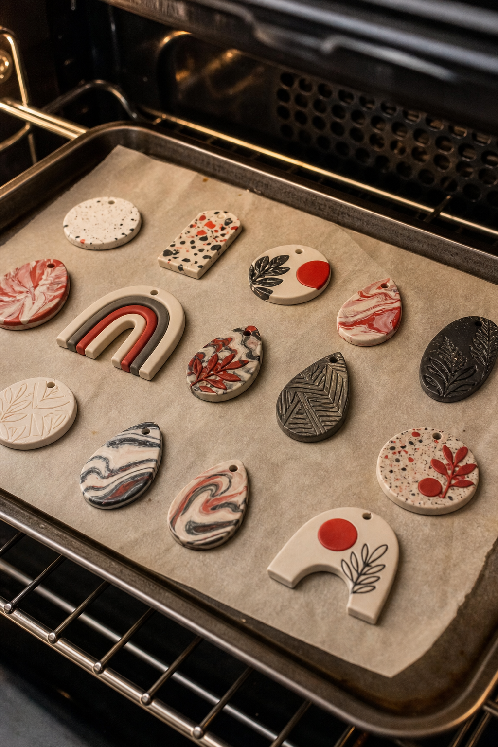 polymer clay jewelry pieces cooling on a tray after baking.