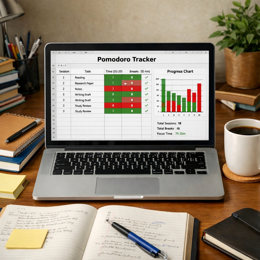 grad student tracking pomodoro progress on a spreadsheet