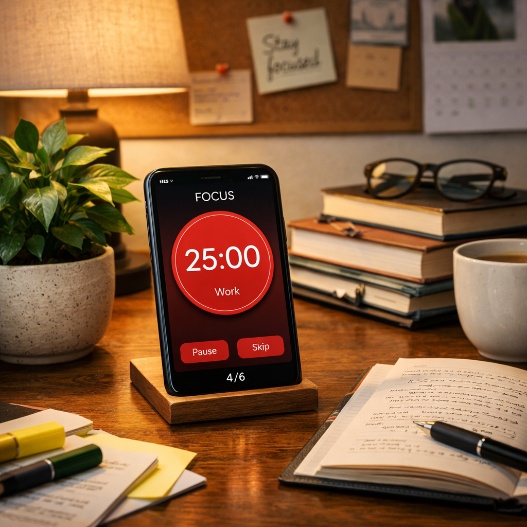 motivating study environment with pomodoro timer on screen