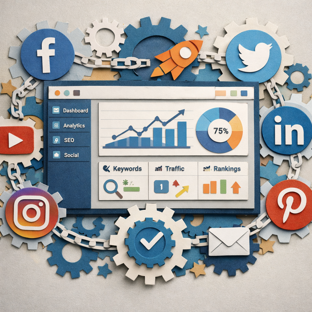 Automated SEO software dashboard papercraft illustration with social media icons