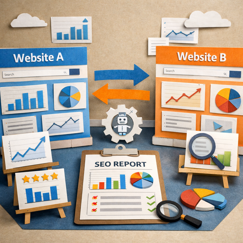 Automated competitive SEO analysis papercraft with two websites and data charts