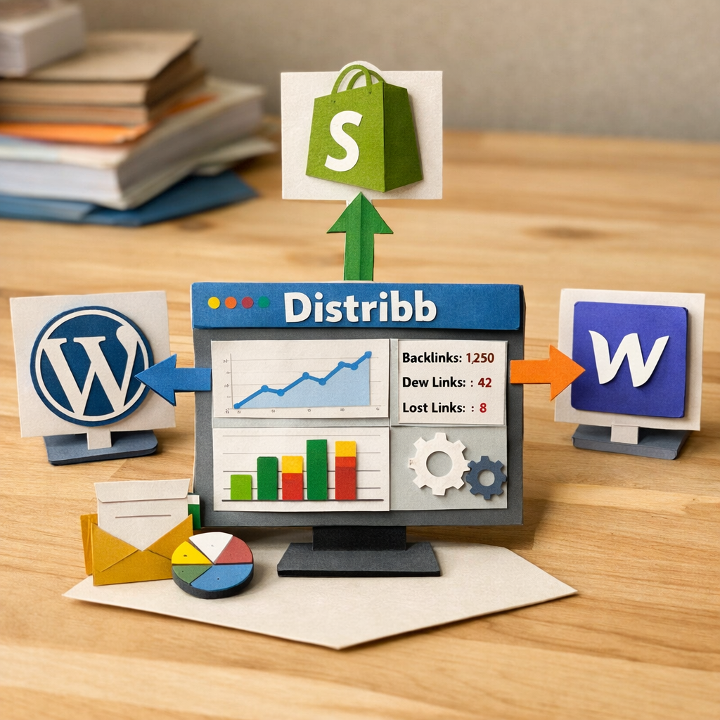 Distribb backlink monitoring dashboard connected to CMS integrations.