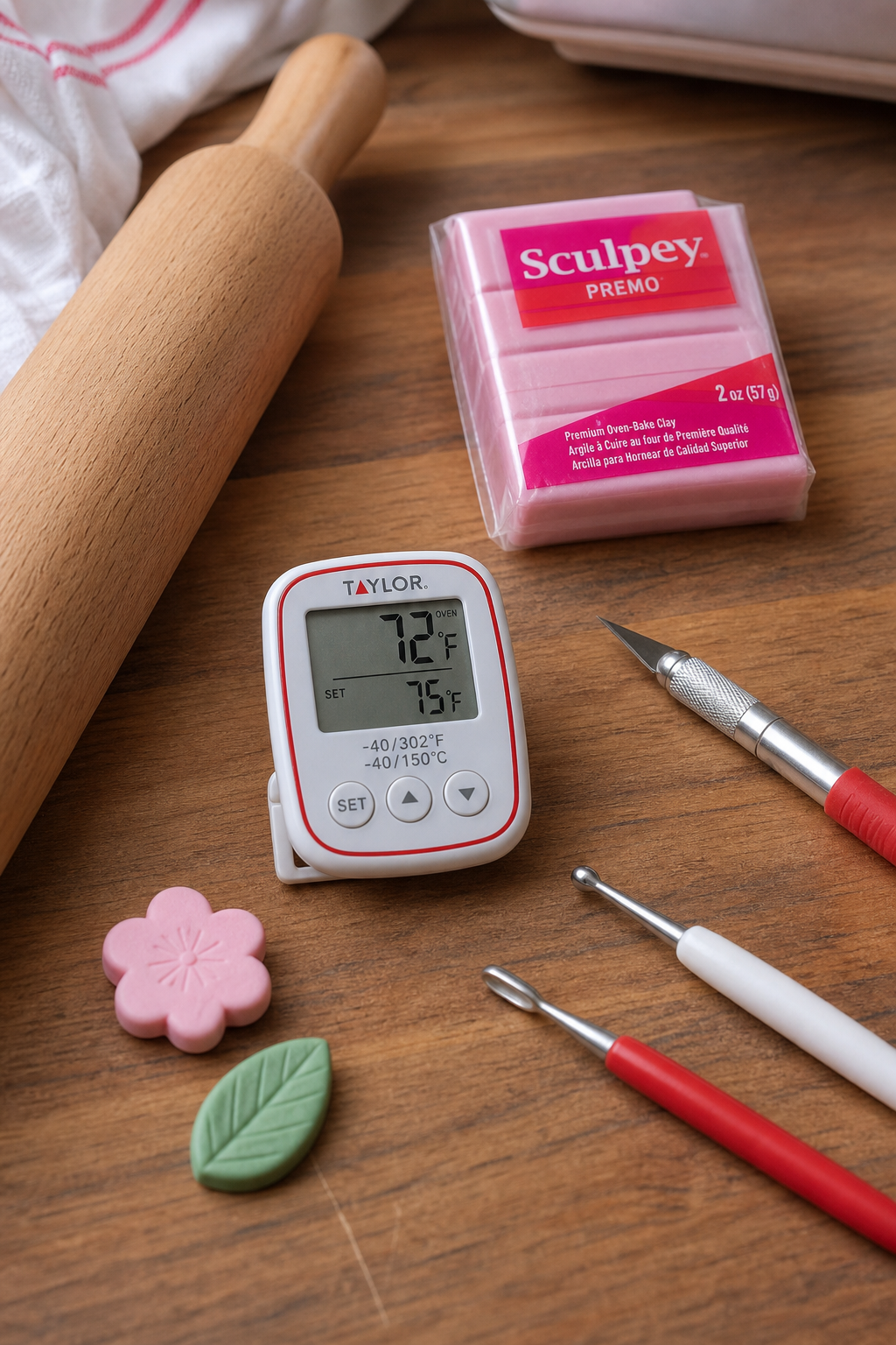 polymer clay sculpting tools and materials laid out ready for use.