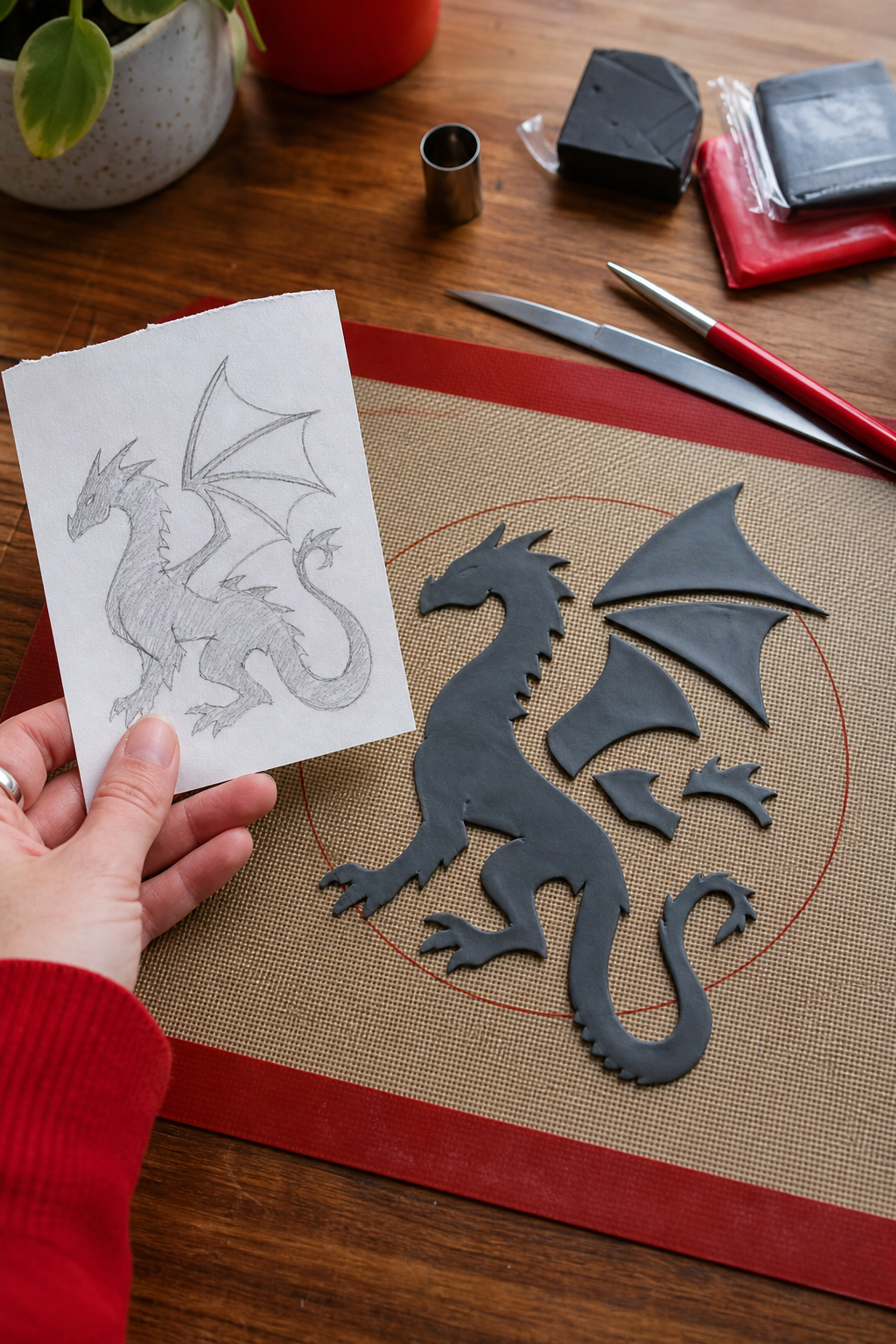 polymer clay layout planning with sketch and cut pieces.