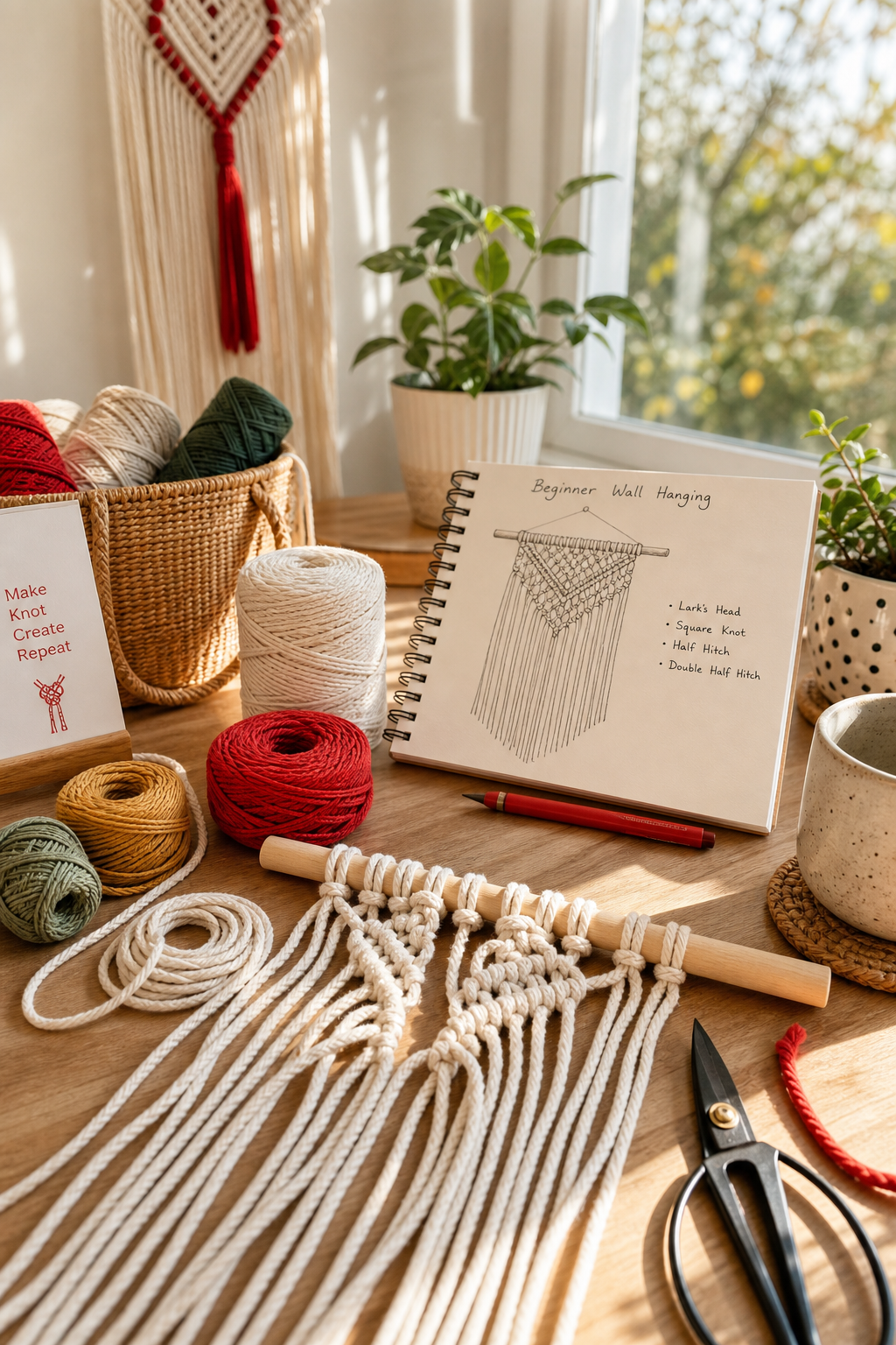 beginner macramé workshop setup with tools and materials