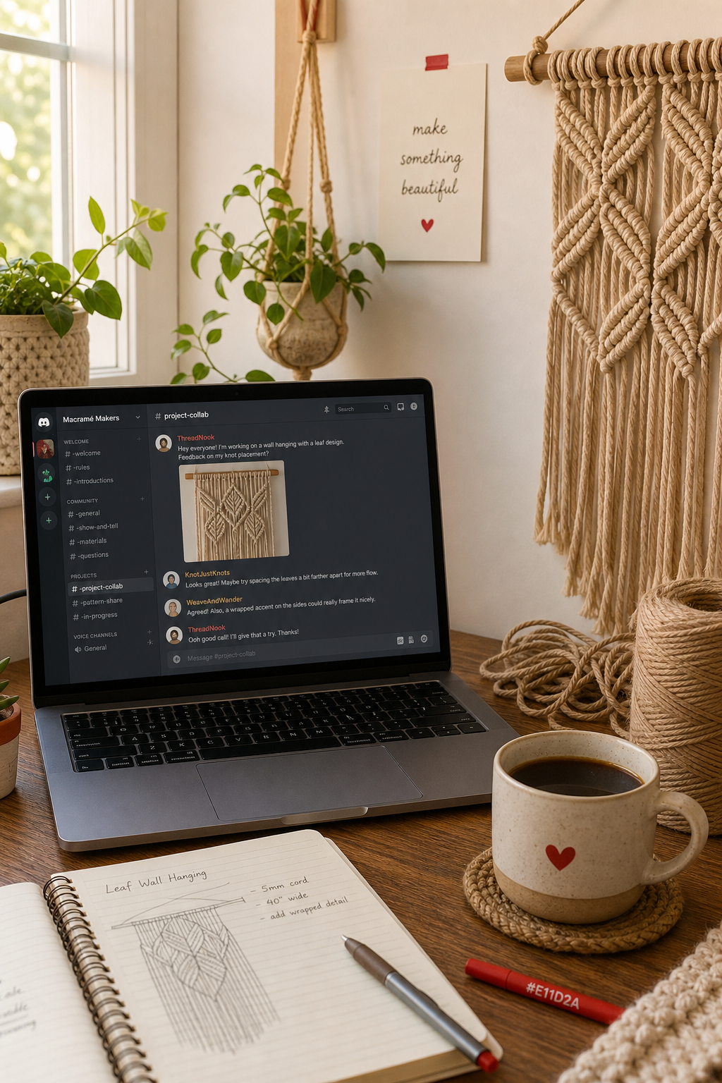 creator collaborating on macramé project via online community