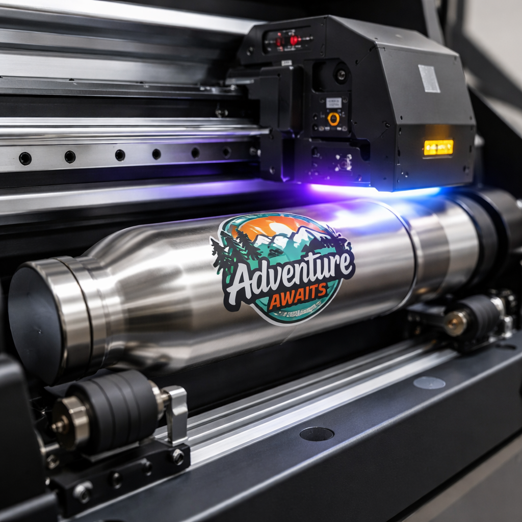 UV cylinder printer applying a custom logo to a water bottle