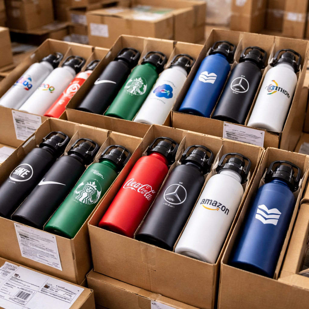 packaged custom water bottles with logos ready for fulfillment
