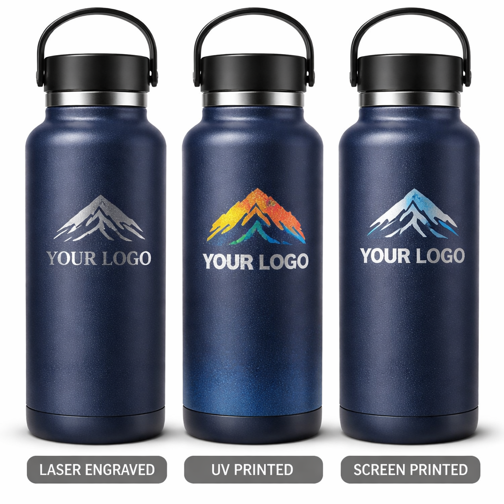 custom water bottle with logo printing methods comparison