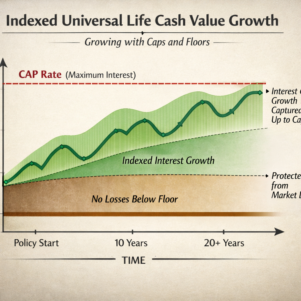 A realistic illustration of a chart showing an indexed universal life policy&rsquo;s cash value growing over time with caps an