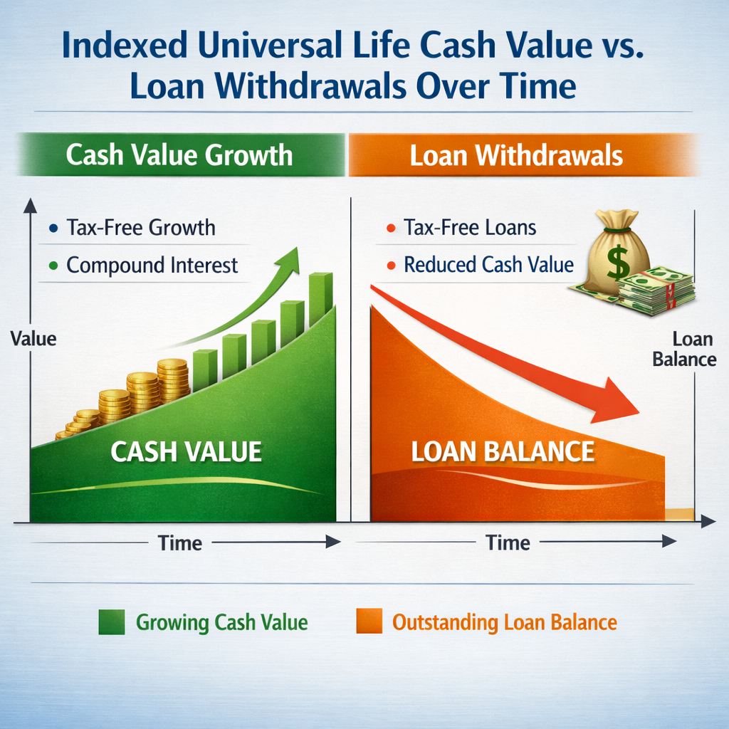 A realistic infographic showing a side‑by‑side view of cash value growth versus loan withdrawals over time, alt: indexed