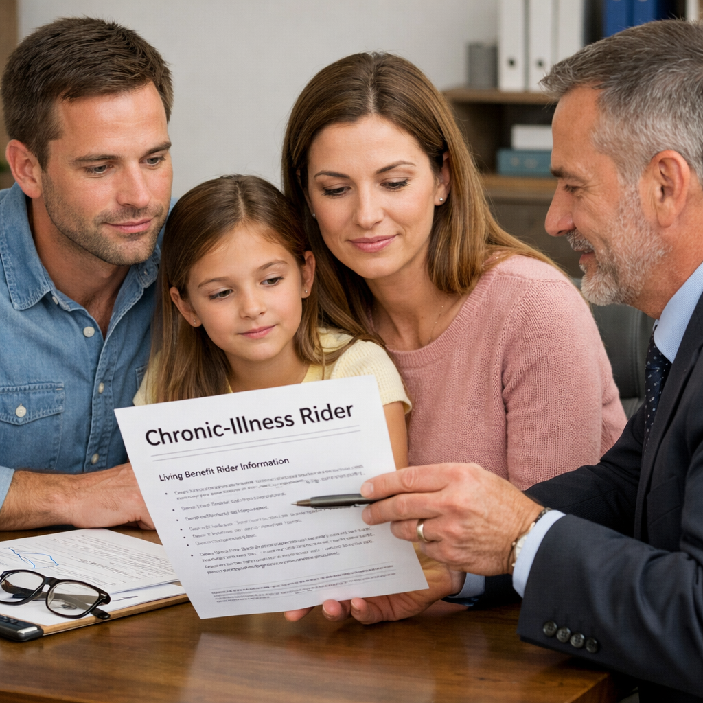 family and advisor discussing living benefits rider