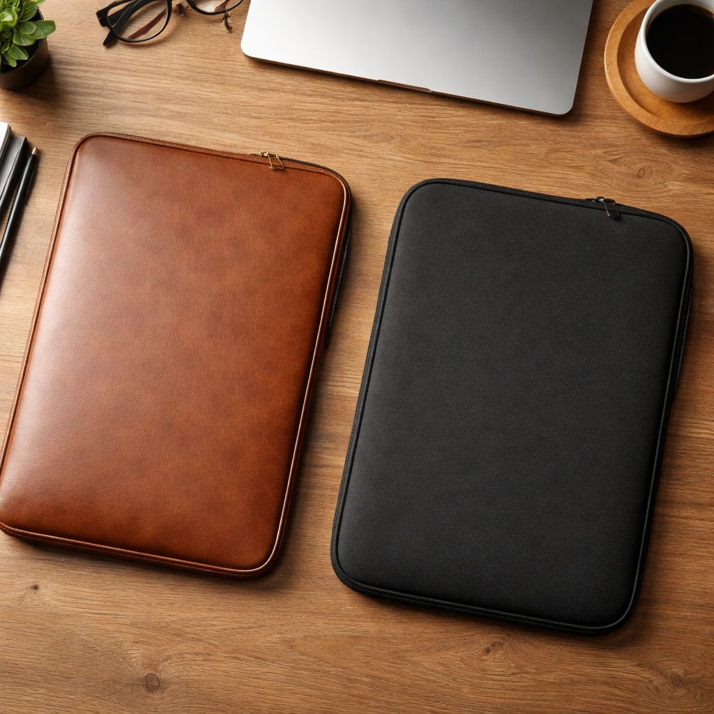 custom laptop sleeve material comparison between leather and neoprene