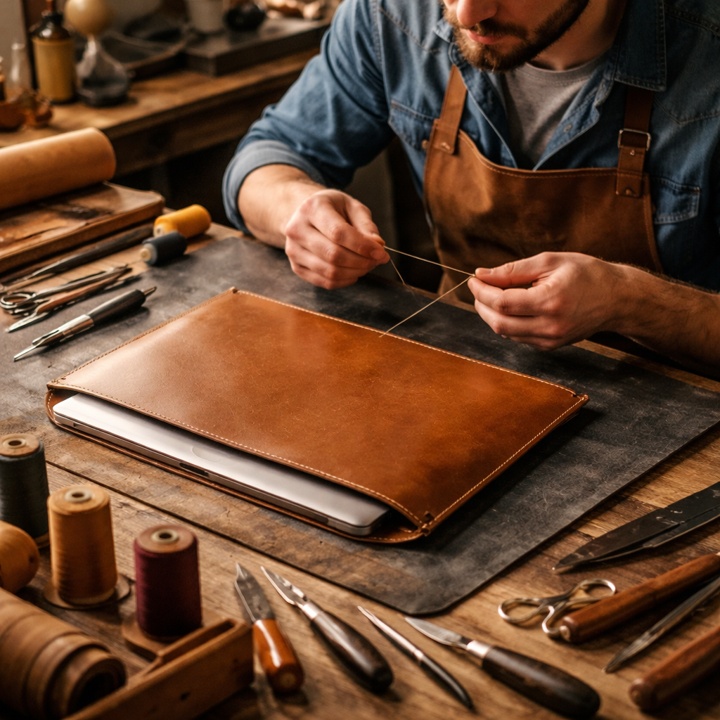 custom laptop sleeve manufacturing process with tools and materials