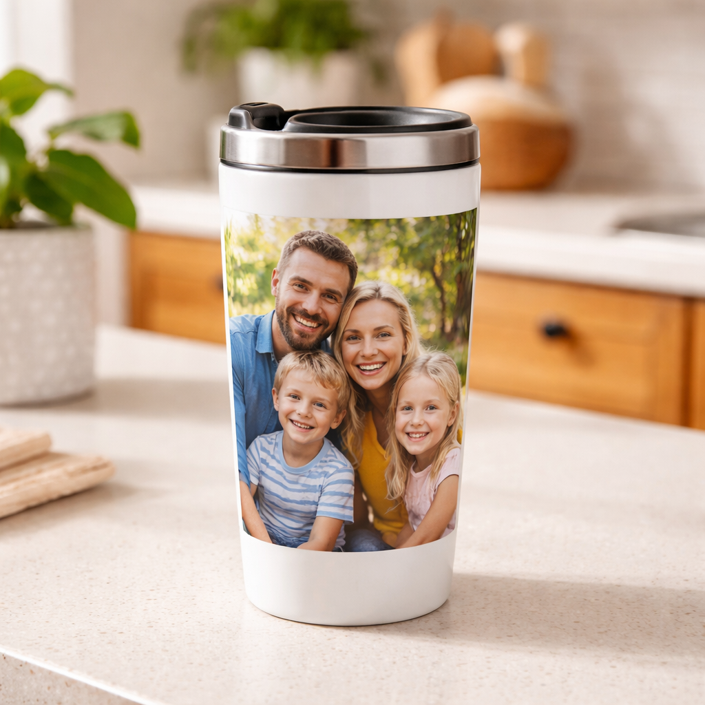 personalized travel mug with photo printed on premium ceramic, ready for use
