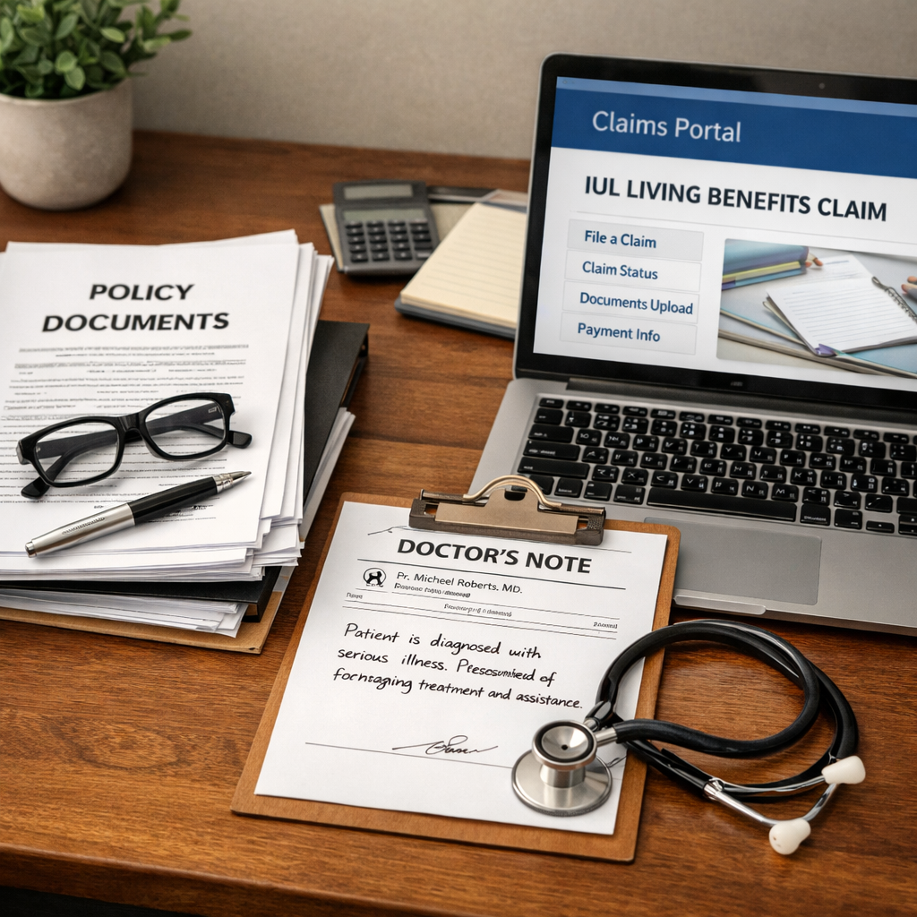 &ldquo;Gathering medical and financial documents for IUL living benefits claim.&rdquo;