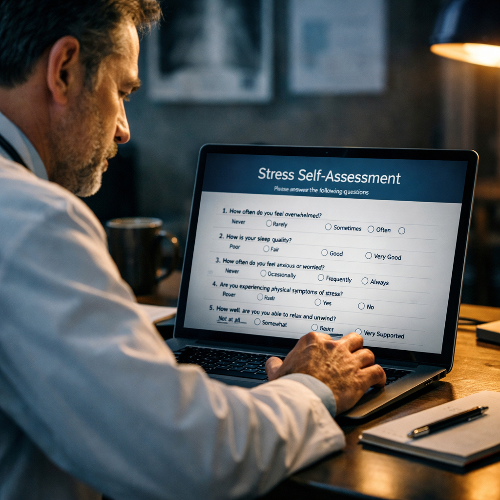 doctor using stress self assessment tool on a computer