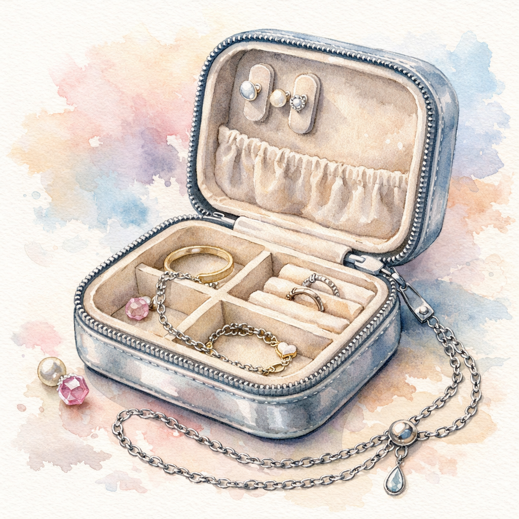 lightweight travel jewelry case with velvet lining and adjustable chain.