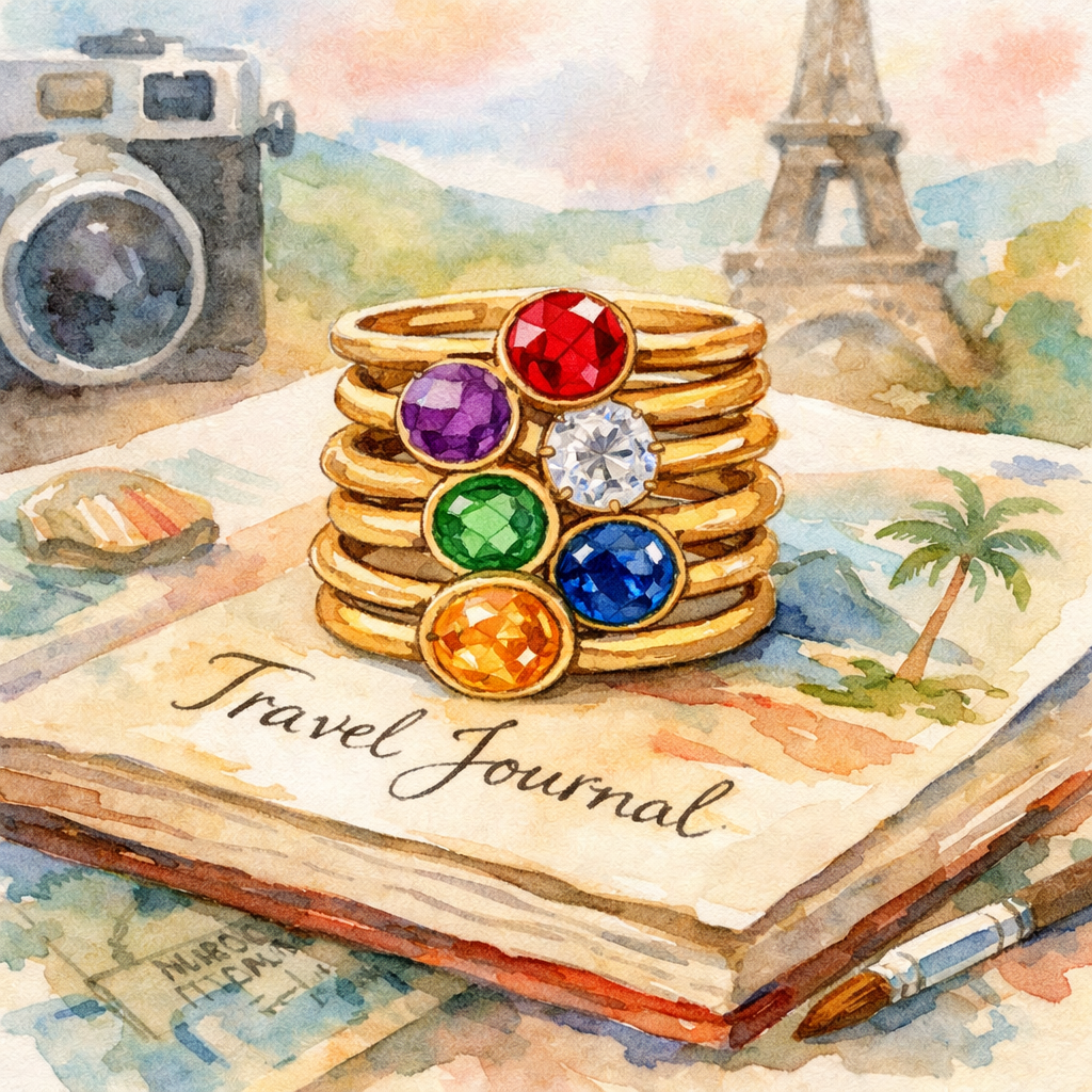 Watercolor scene of colorful birthstone rings stacked on a travel journal, alt: stackable birthstone rings for personali