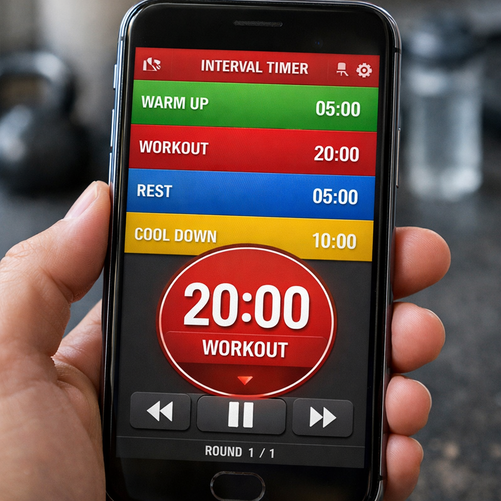 A realistic photo of a phone screen showing a customizable interval timer app with labeled workout phases, bright UI, al