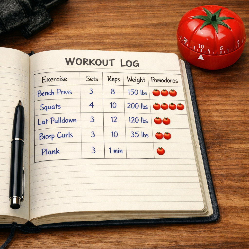 A realistic illustration of a workout log notebook with columns for exercise, sets, reps, weight, and pomodoro count, al