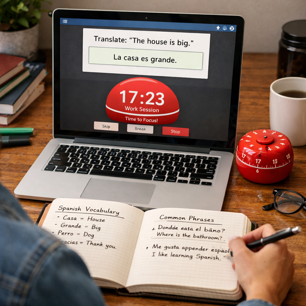 student using pomodoro timer and flashcards for language learning