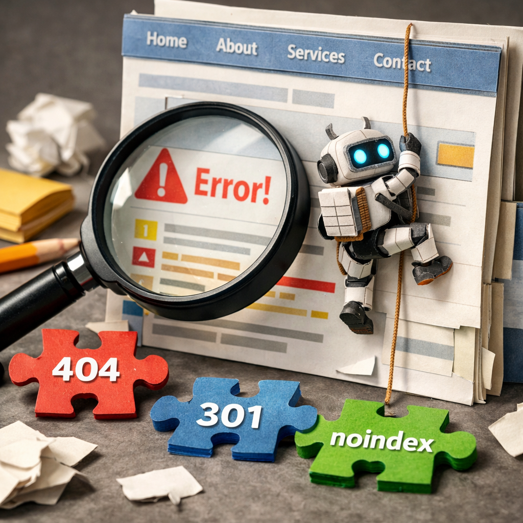 AI-powered site crawl illustration showing error detection.