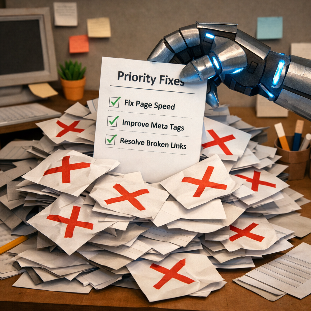 AI generating prioritized SEO recommendations from audit data.
