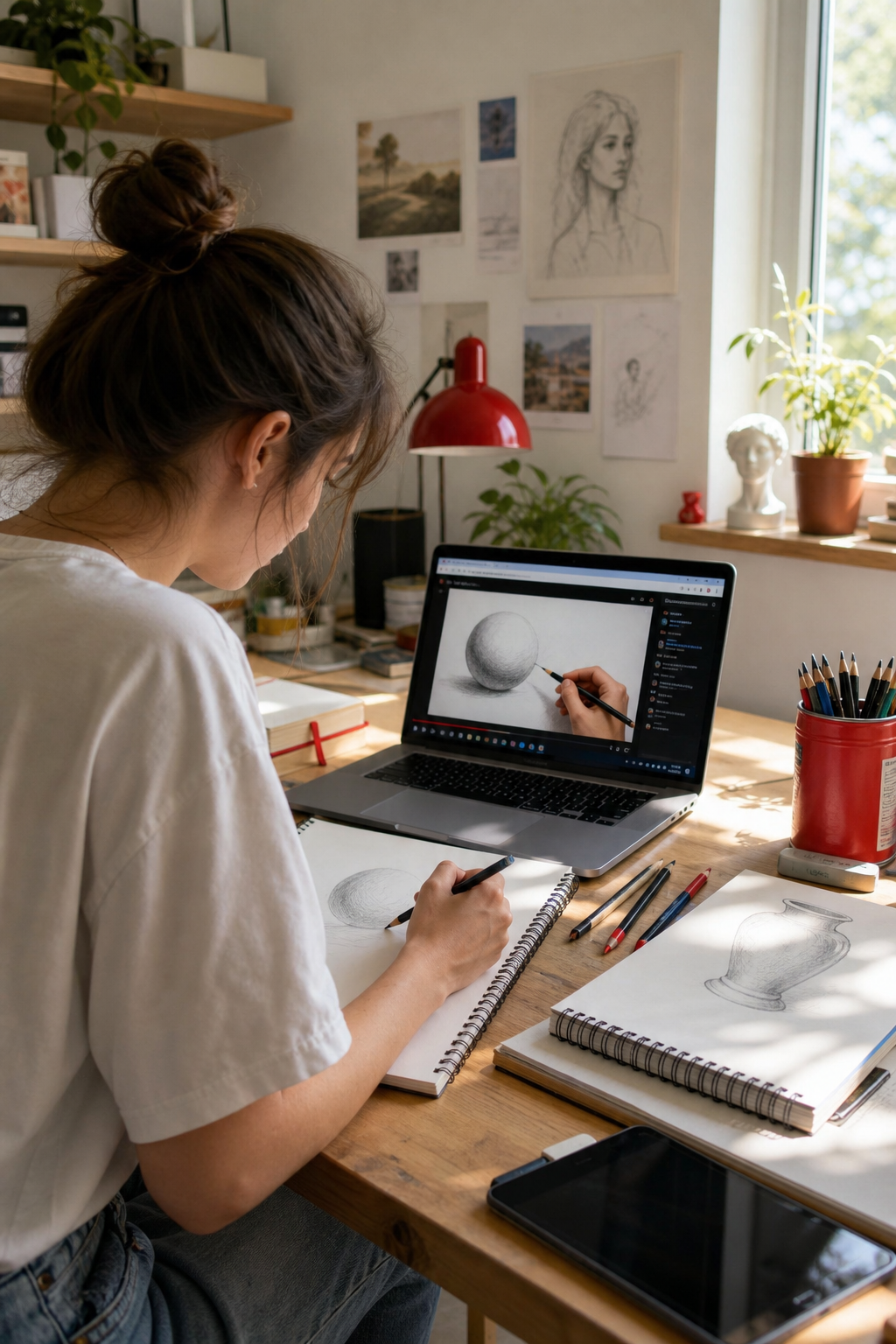 Beginner artist learning drawing online in a cozy studio
