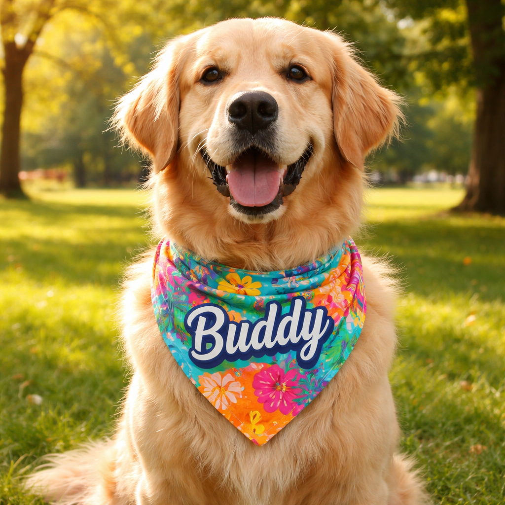 personalized pet bandana for a golden retriever in bright colors