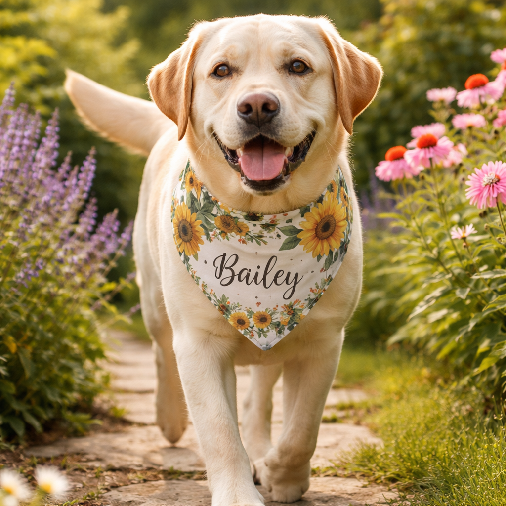 personalized pet bandana on a Labrador in a garden setting