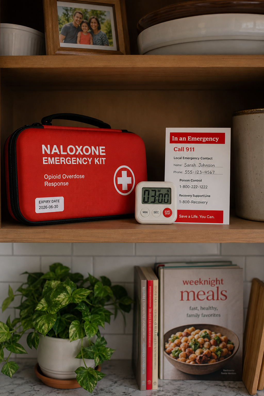 Quick Guide to Naloxone Use for Family Members 2 Home storage of naloxone kit with clear labeling and expiry date.