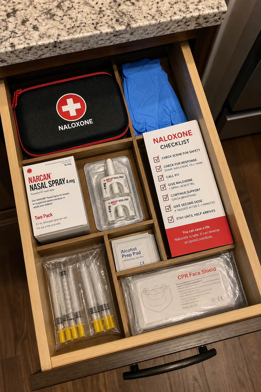 naloxone kit contents organized in a drawer.