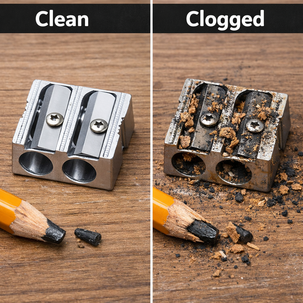 Clean vs clogged pencil sharpener causing breakage