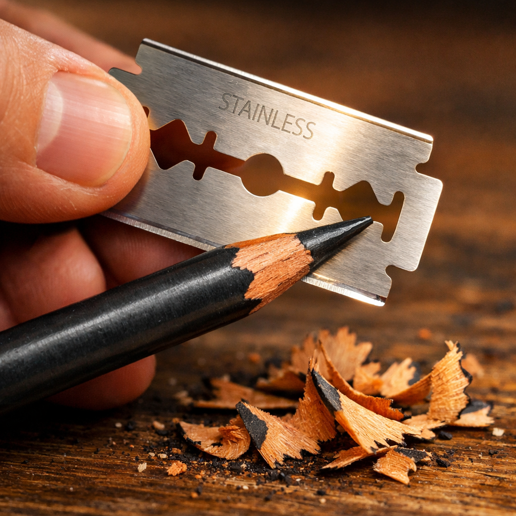 Safety razor blade method for optimal pencil sharpening angle for fine detail.