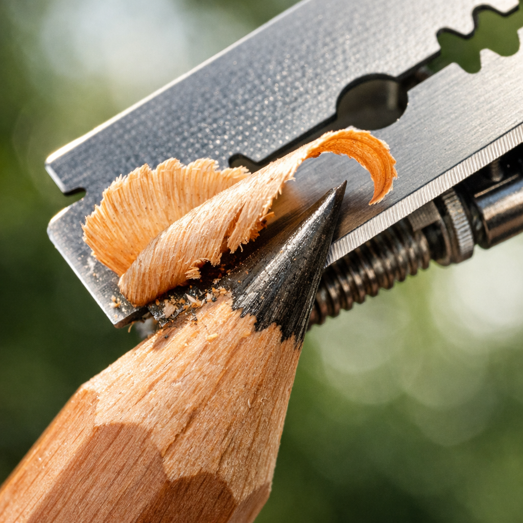 Sharpening with steady even pressure to achieve the optimal pencil sharpening angle for fine detail.