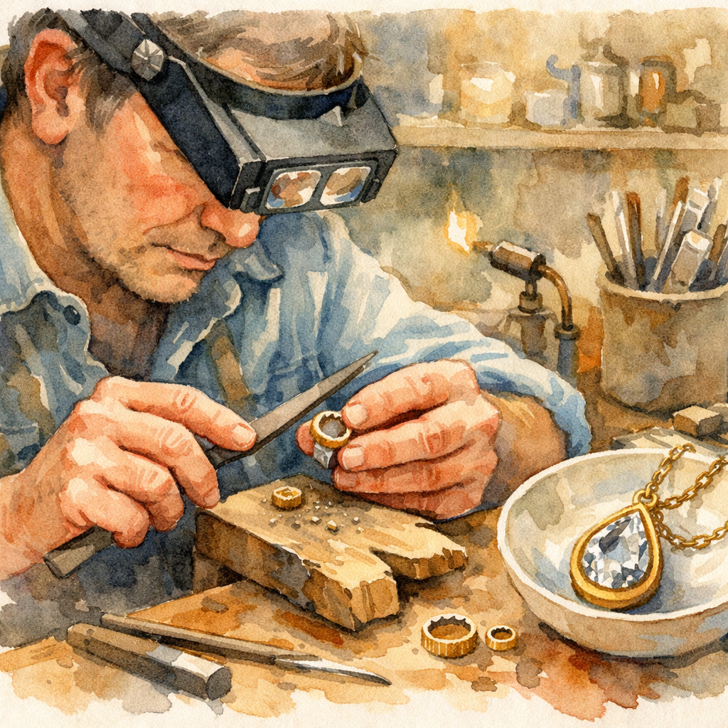 Watercolor illustration of a jewelry workshop showing a goldsmith shaping a bezel setting for a pendant, alt: 