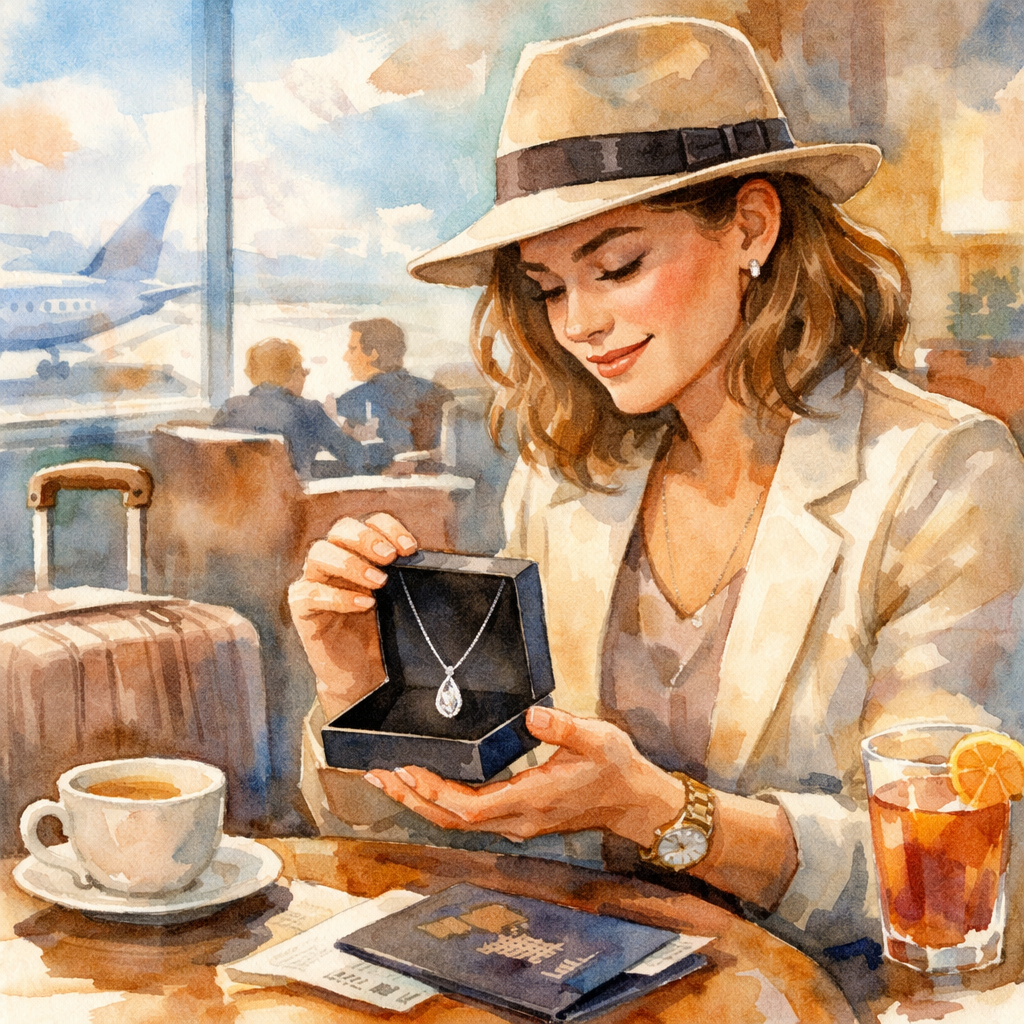 Watercolor scene of a stylish traveler opening a jewelry box at an airport lounge, alt: 