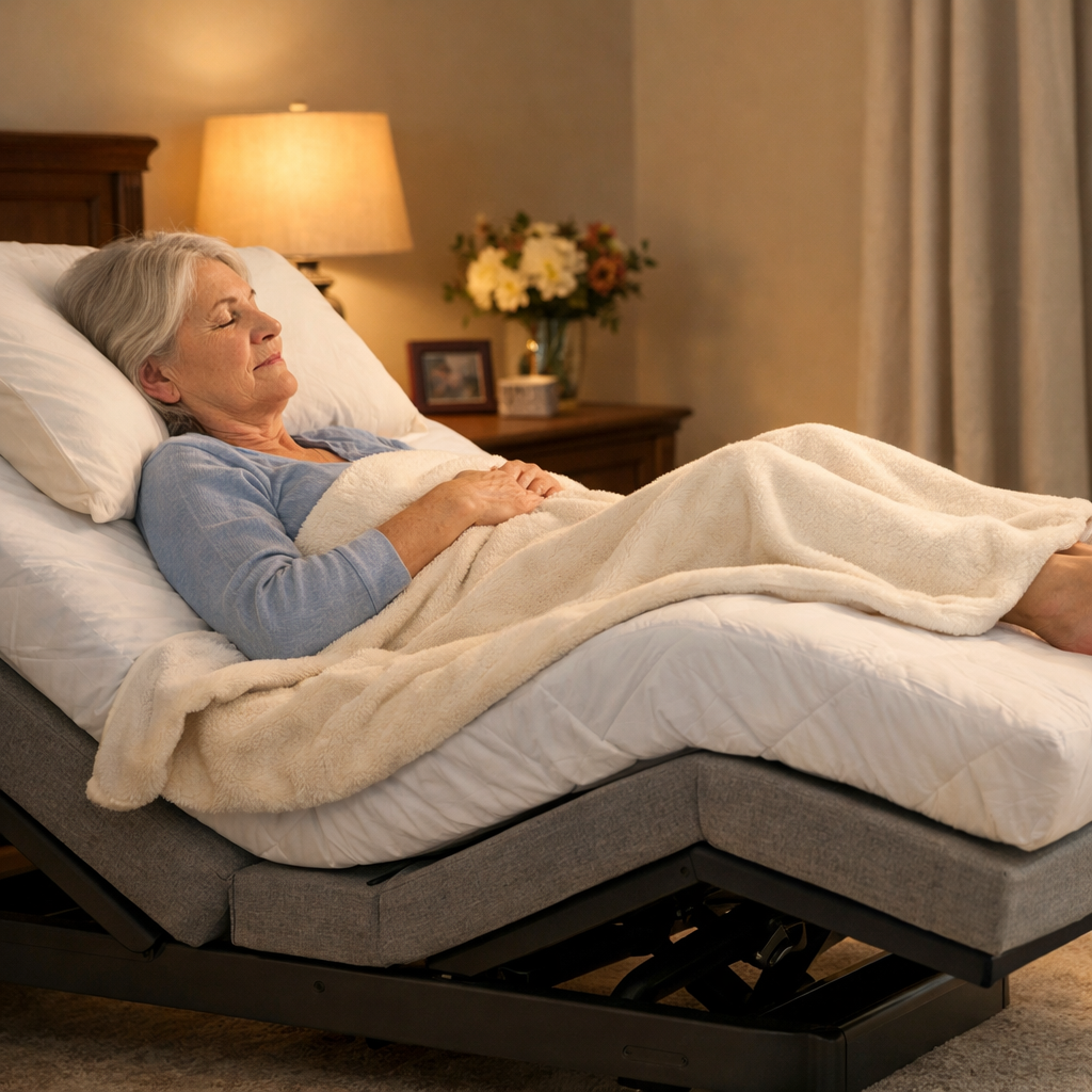 Senior woman sleeping comfortably on an adjustable bed with improved head and legs to relieve restless leg syndrome symptoms.