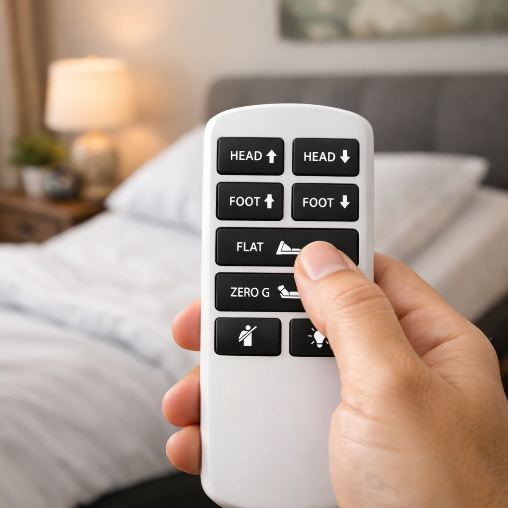 Close-up of a wireless remote controlling an adjustable bed with raised head section for restless leg syndrome relief.