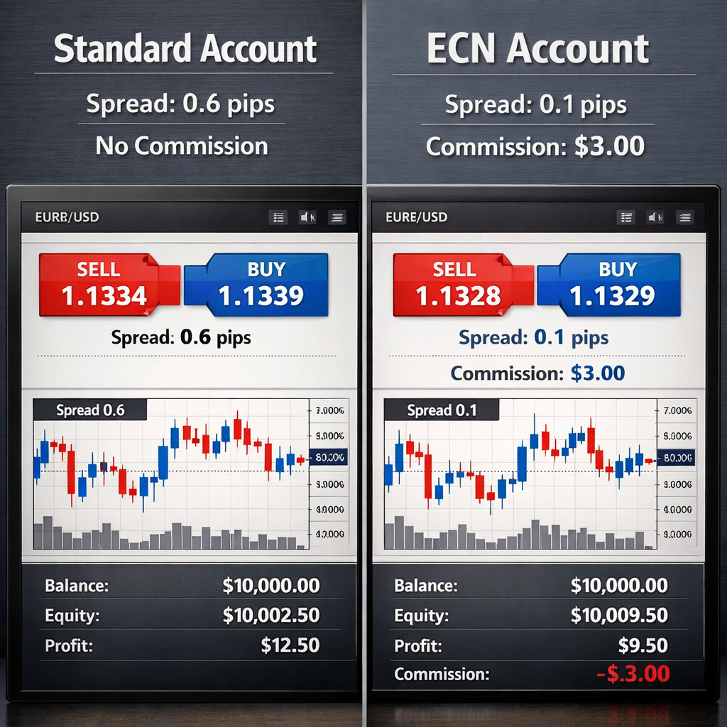 Comparison of standard account vs ECN account spreads and commissions forex trading