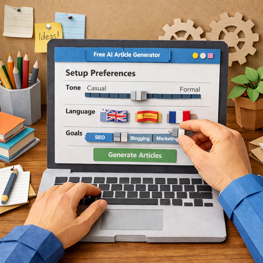 Setup preferences for a free AI article generator dashboard papercraft.
