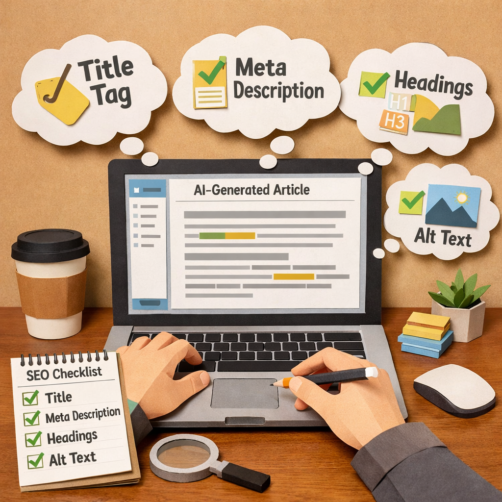 SEO optimization checklist for an AI-generated article papercraft.