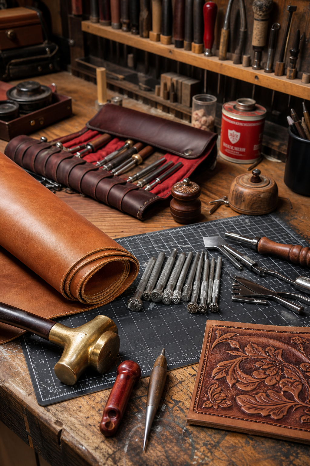advanced leather tooling tools and materials laid out on a workbench.