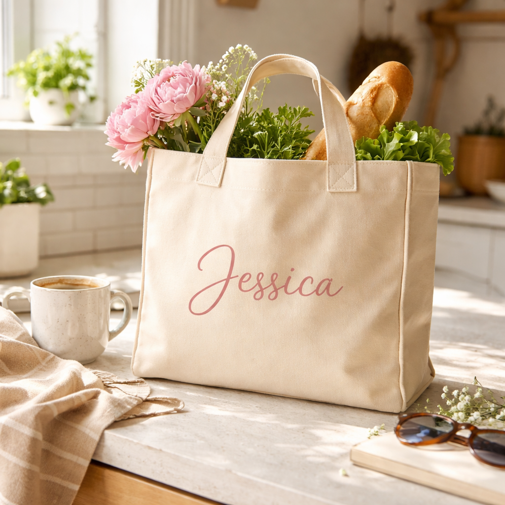 custom tote bag with name being used and cared for