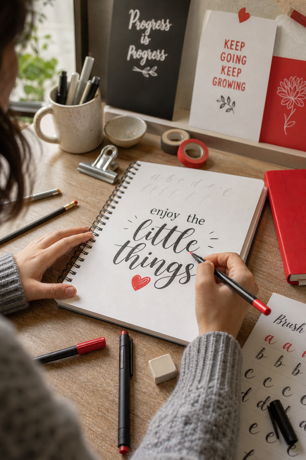 beginner hand lettering practice in a cozy studio