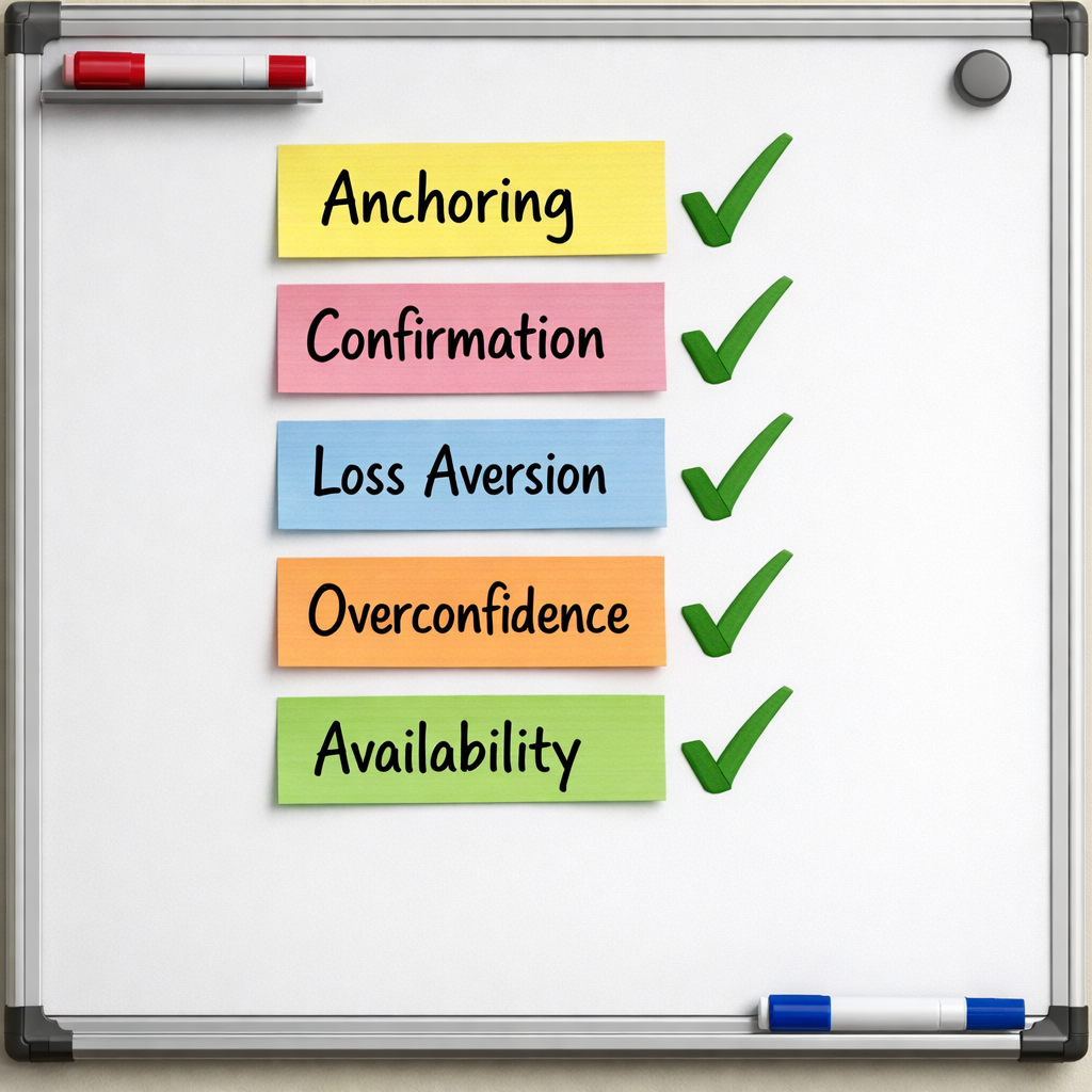 Visual checklist of common negotiation biases with checkmarks.